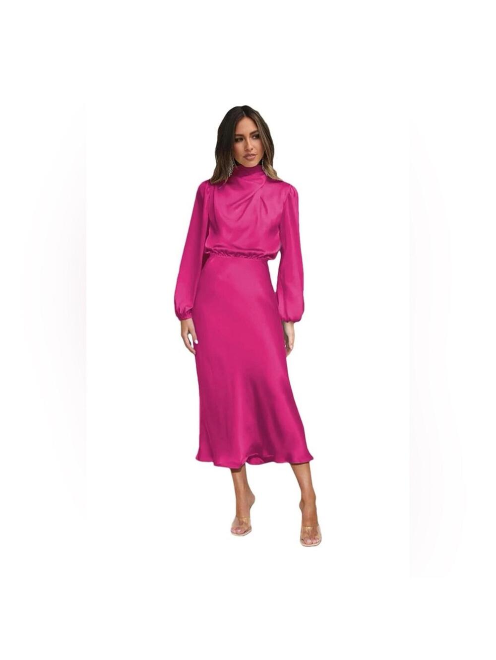 NWOT - Women's Satin Long Sleeved Scarf Collar Dress Solid Evening Party Dresses